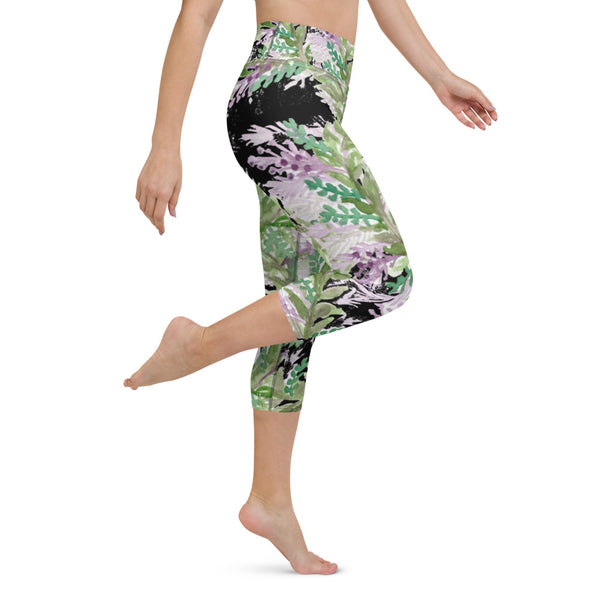 Black Lavender Yoga Capri Leggings, Floral Patterned Print Patterned Capri Leggings Sports Fitness Designer Luxury Premium Quality Women's Capris Yoga Pants For Ladies- Made in USA/EU/MX (US Size: XS-XL)