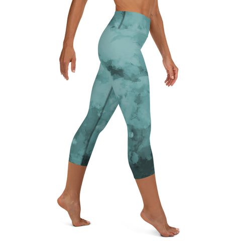Blue Abstract Yoga Capri Leggings, Blue Abstract Print Patterned Capri Leggings Sports Fitness Designer Luxury Premium Quality Women's Capris Yoga Pants For Ladies- Made in USA/EU/MX (US Size: XS-XL)