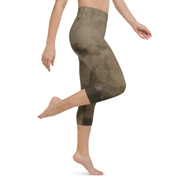 Brown Abstract Yoga Capri Leggings, Brown Abstract Print Capri Leggings Sports Fitness Designer Luxury Premium Quality Women's Capris Yoga Pants For Ladies- Made in USA/EU/MX (US Size: XS-XL)