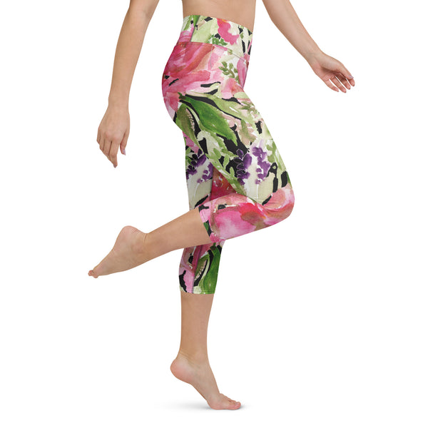 Pink Rose Capri Leggings, Best Pink Rose Floral Flower Print Capri Leggings Sports Fitness Designer Luxury Premium Quality Women's Capris Yoga Pants For Ladies- Made in USA/EU/MX (US Size: XS-XL)