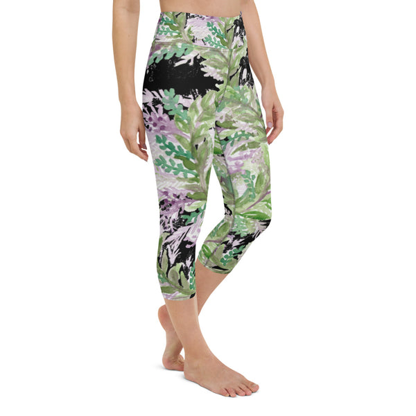 Black Lavender Yoga Capri Leggings, Floral Patterned Print Patterned Capri Leggings Sports Fitness Designer Luxury Premium Quality Women's Capris Yoga Pants For Ladies- Made in USA/EU/MX (US Size: XS-XL)