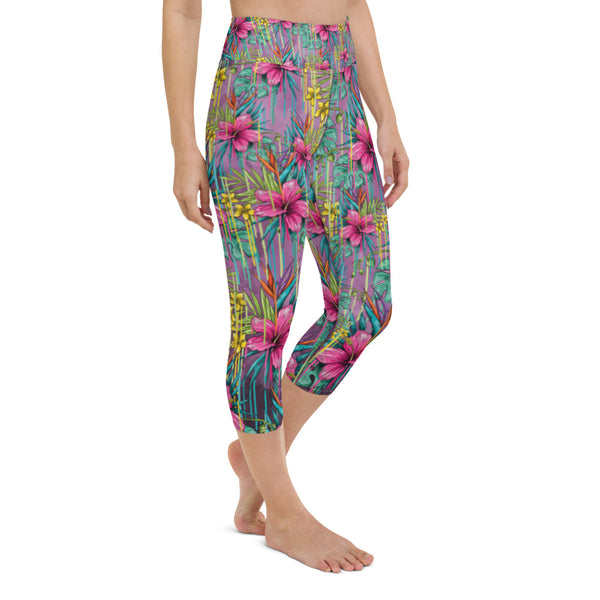 Tropical Yoga Capri Leggings, Floral Tropical Leaves Print Capri Leggings Sports Fitness Designer Luxury Premium Quality Women's Capris Yoga Pants For Ladies- Made in USA/EU/MX (US Size: XS-XL)