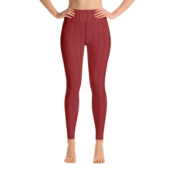 Red Black Striped Yoga Leggings-Heidikimurart Limited -Heidi Kimura Art LLC Red Black Striped Yoga Leggings, Vertically Striped Women's Long Gym Pants Active Wear Fitted Leggings Sports Long Yoga & Barre Pants - Made in USA/EU/MX (US Size: XS-6XL)