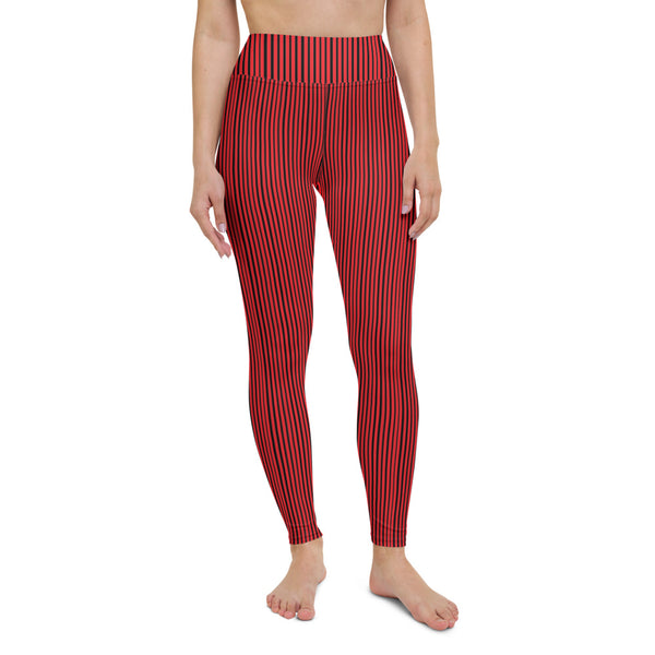 Red Black Striped Yoga Leggings-Heidikimurart Limited -Heidi Kimura Art LLC Red Black Striped Yoga Leggings, Vertically Striped Women's Long Gym Pants Active Wear Fitted Leggings Sports Long Yoga & Barre Pants - Made in USA/EU/MX (US Size: XS-6XL)