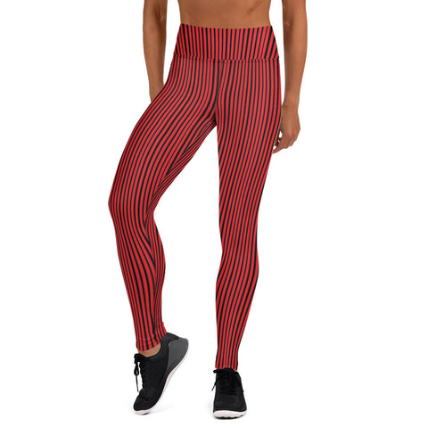 Red Black Striped Yoga Leggings, Vertically Stripes Modern Women's Gym Workout Active Wear Fitted Leggings Sports Long Yoga & Barre Pants - Made in USA/EU/MX (US Size: XS-6XL)