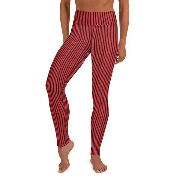 Red Black Striped Yoga Leggings, Vertically Stripes Modern Women's Gym Workout Active Wear Fitted Leggings Sports Long Yoga & Barre Pants - Made in USA/EU/MX (US Size: XS-6XL)