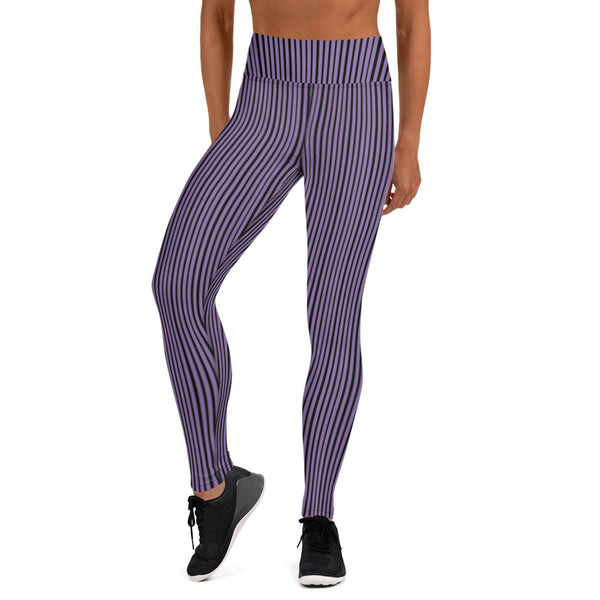 Purple Striped Women's Yoga Leggings-Heidikimurart Limited -Heidi Kimura Art LLC Purple Striped Long Yoga Leggings, Vertical Stripes Modern Women's Gym Workout Active Wear Fitted Leggings Sports Long Yoga & Barre Pants - Made in USA/EU/MX (US Size: XS-6XL)  These are super soft, stretchy and comfo