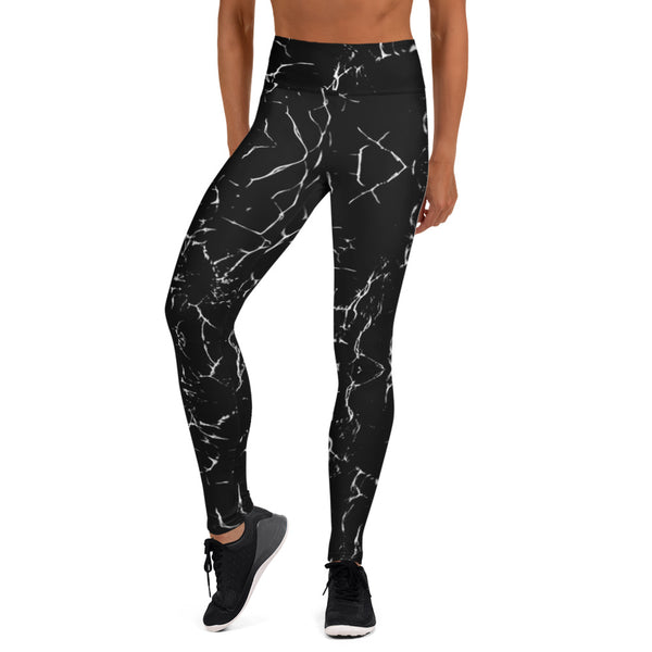 Black Abstract Yoga Leggings, Marble Print Yoga Leggings, Best Athletic Active Wear Fitted Leggings Sports Long Yoga & Barre Pants - Made in USA/EU/MX (US Size: XS-6XL)