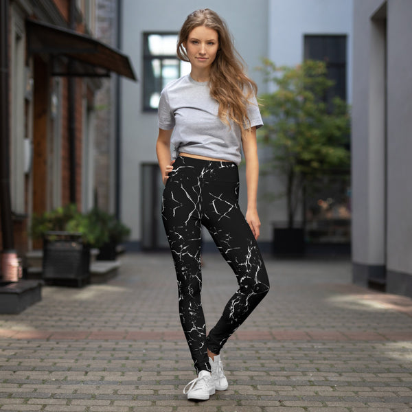 Black Abstract Yoga Leggings, Marble Print Yoga Leggings, Best Athletic Active Wear Fitted Leggings Sports Long Yoga & Barre Pants - Made in USA/EU/MX (US Size: XS-6XL)