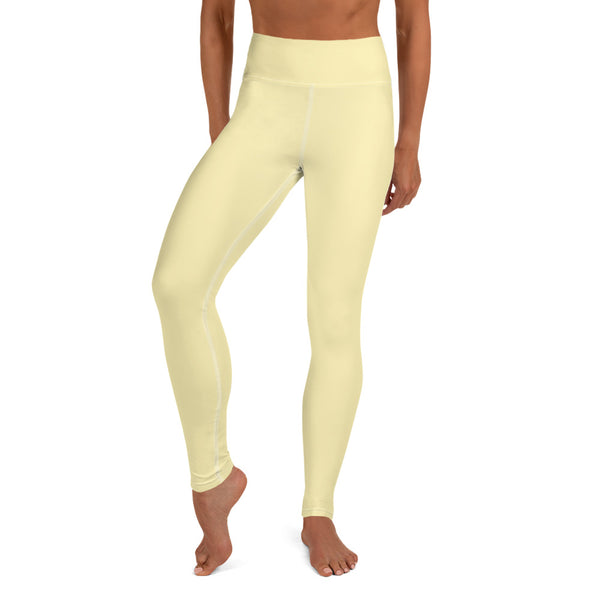 Light Yellow Yoga Leggings, Cream Pale Yellow Designer Luxury Long Yoga Pants Active Wear Fitted Leggings Sports Long Yoga & Barre Pants - Made in USA/EU/MX (US Size: XS-6XL)