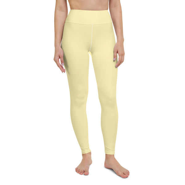Light Yellow Yoga Leggings, Cream Pale Yellow Designer Luxury Long Yoga Pants Active Wear Fitted Leggings Sports Long Yoga & Barre Pants - Made in USA/EU/MX (US Size: XS-6XL)