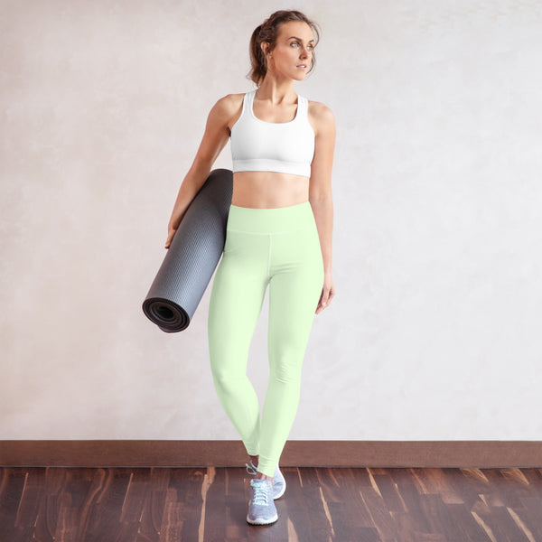 Light Green Yoga Leggings, Best Pastel Green Light Grey Color Yoga Leggings, Best Ladies Yoga Leggings, Athletic Solid Color Active Wear Fitted Leggings Sports Long Yoga & Barre Pants - Made in USA/EU/MX (US Size: XS-6XL)