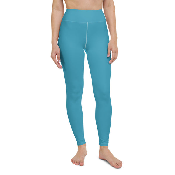 Blue Women's Long Yoga Leggings, Solid Color Blue Yoga Leggings, Athletic Solid Color Active Wear Fitted Leggings Sports Long Yoga & Barre Pants - Made in USA/EU/MX (US Size: XS-6XL)