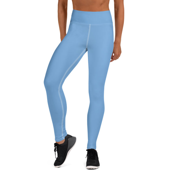Blue Solid Color Yoga Leggings, Light Baby Blue Athletic Solid Color Active Wear Fitted Leggings Sports Long Yoga & Barre Pants - Made in USA/EU/MX (US Size: XS-6XL)