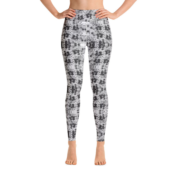 Grey Floral Print Yoga Leggings-Heidikimurart Limited -Heidi Kimura Art LLC Grey Floral Print Yoga Leggings, Abstract Rose Flower Floral Print Modern Women's Gym Workout Active Wear Fitted Leggings Sports Long Yoga & Barre Pants - Made in USA/EU/MX (US Size: XS-6XL)