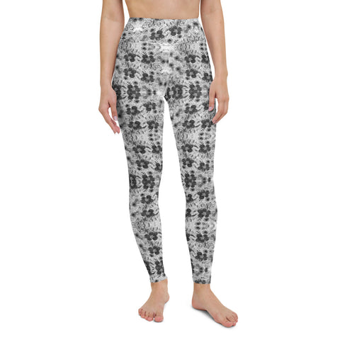 Grey Floral Print Yoga Leggings-Heidikimurart Limited -Heidi Kimura Art LLC Grey Floral Print Yoga Leggings, Abstract Rose Flower Floral Print Modern Women's Gym Workout Active Wear Fitted Leggings Sports Long Yoga & Barre Pants - Made in USA/EU/MX (US Size: XS-6XL)