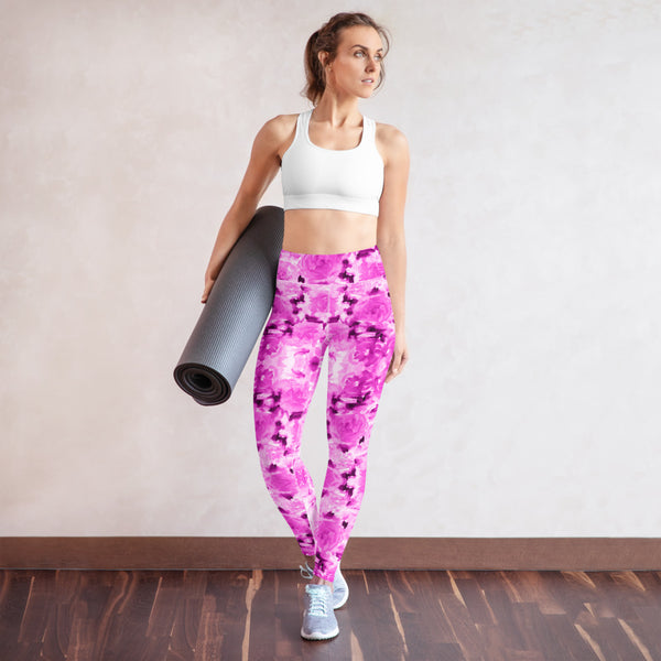 Hot Pink Floral Yoga Leggings, Best Rose Flower Abstract Print Yoga Leggings, Active Wear Fitted Leggings Sports Long Yoga & Barre Pants - Made in USA/EU/MX (US Size: XS-6XL)