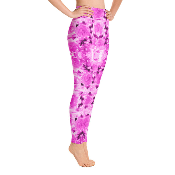 Hot Pink Floral Yoga Leggings, Best Rose Flower Abstract Print Yoga Leggings, Active Wear Fitted Leggings Sports Long Yoga & Barre Pants - Made in USA/EU/MX (US Size: XS-6XL)