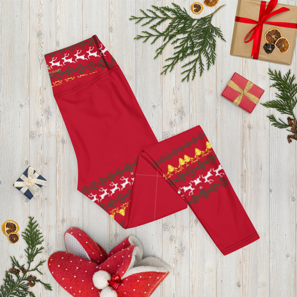 Christmas Red Reindeer Yoga Leggings, Christmas Leggings Active Wear, Christmas Yoga Leggings, Fitted Leggings Sports Long Yoga & Barre Pants - Made in USA/EU/MX (US Size: XS-6XL)