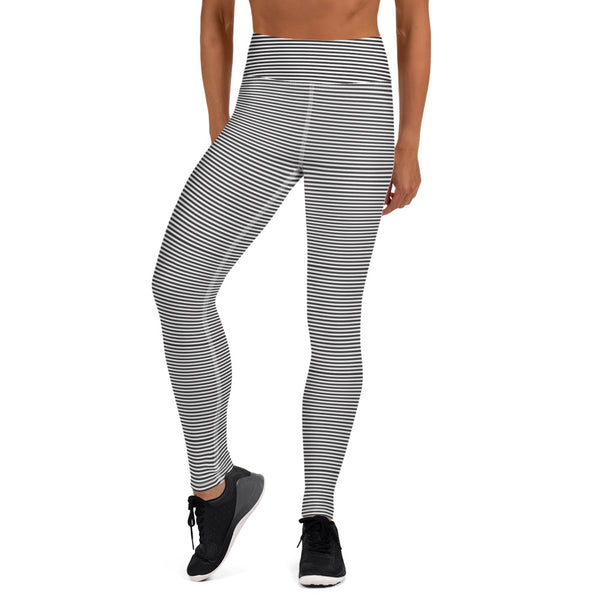 Black White Striped Yoga Leggings - Heidikimurart Limited  Black White Striped Yoga Leggings, Horizontal Stripes Yoga Pants For Women Active Wear Fitted Leggings Sports Long Yoga & Barre Pants - Made in USA/EU/MX (US Size: XS-6XL)