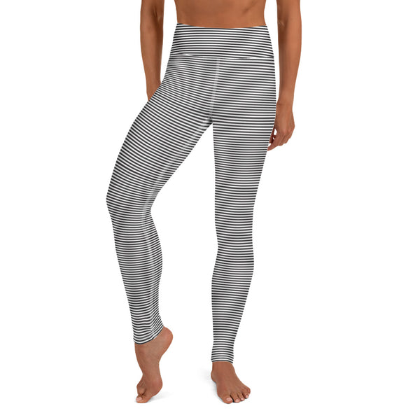 Black White Striped Yoga Leggings - Heidikimurart Limited  Black White Striped Yoga Leggings, Horizontal Stripes Yoga Pants For Women Active Wear Fitted Leggings Sports Long Yoga & Barre Pants - Made in USA/EU/MX (US Size: XS-6XL)