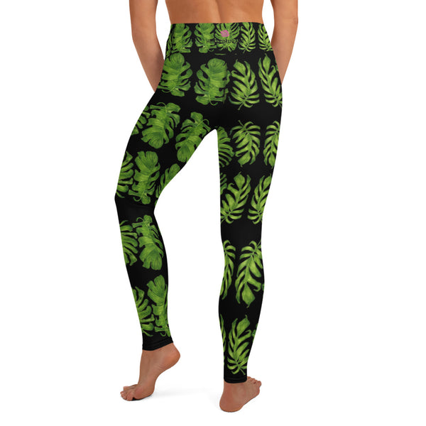 Black Tropical Leaf Yoga Leggings - Heidikimurart Limited  Black Tropical Leaf Yoga Leggings, Green Hawaiian Style Print Fashionable Stylish Ladies' Active Wear Fitted Leggings Sports Long Yoga & Barre Pants For Women- Made in USA/EU/MX (US Size: XS-6XL)