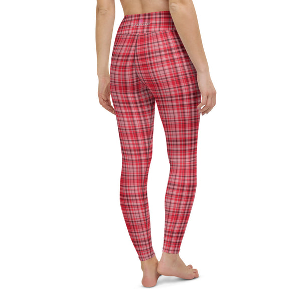 Red White Plaid Yoga Leggings, Classic Designer Traditional Style Scottish Tartan Printed Active Wear Fitted Leggings Sports Long Yoga & Barre Pants - Made in USA/EU/MX (US Size: XS-6XL)