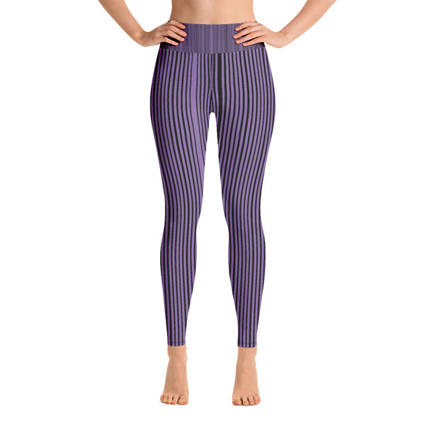 Purple Striped Women's Yoga Leggings - Heidikimurart Limited  Purple Striped Yoga Leggings, Black Vertically Stripes Women's Long Tights Vertically Striped Women's Long Gym Pants Active Wear Fitted Leggings Sports Long Yoga & Barre Pants - Made in USA/