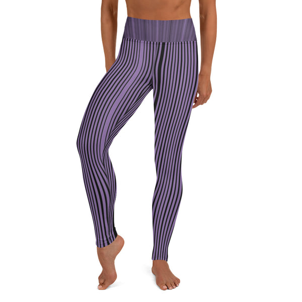 Purple Striped Yoga Leggings - Heidikimurart Limited  Purple Striped Yoga Leggings, Black Vertically Stripes Women's Long Tights Vertically Striped Women's Long Gym Pants Active Wear Fitted Leggings Sports Long Yoga & Barre Pants - Made in USA/EU/MX (US Size: XS-6XL)