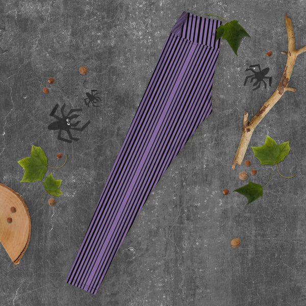 Purple Striped Yoga Leggings - Heidikimurart Limited  Purple Striped Yoga Leggings, Black Vertically Stripes Women's Long Tights Vertically Striped Women's Long Gym Pants Active Wear Fitted Leggings Sports Long Yoga & Barre Pants - Made in USA/EU/MX (US Size: XS-6XL)