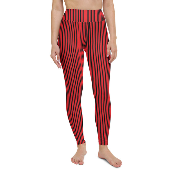 Red Black Striped Yoga Leggings - Heidikimurart Limited  Red Black Striped Yoga Leggings, Vertically Striped Women's Long Gym Pants Active Wear Fitted Leggings Sports Long Yoga & Barre Pants - Made in USA/EU/MX (US Size: XS-6XL)