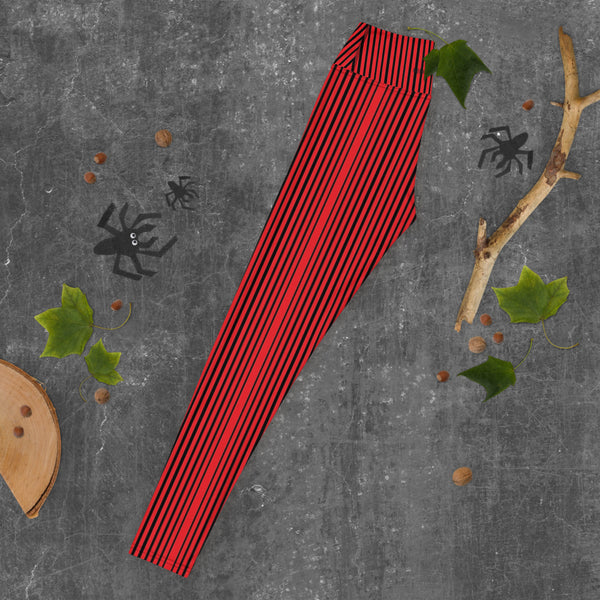 Red Black Striped Yoga Leggings - Heidikimurart Limited  Red Black Striped Yoga Leggings, Vertically Striped Women's Long Gym Pants Active Wear Fitted Leggings Sports Long Yoga & Barre Pants - Made in USA/EU/MX (US Size: XS-6XL)