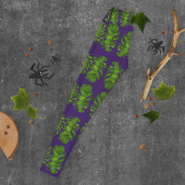 Purple Tropical Leaf Print Yoga Leggings - Heidikimurart Limited Purple Tropical Leaf Yoga Leggings, Hawaiian Style Leaves Print Women's Long Gym Tights Hawaiian Style Print Active Wear Fitted Leggings Sports Long Yoga & Barre Pants - Made in USA/EU/MX (US Size: XS-6XL)