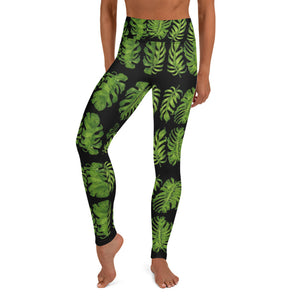 Black Tropical Leaf Yoga Leggings - Heidikimurart Limited  Black Tropical Leaf Yoga Leggings, Green Hawaiian Style Print Fashionable Stylish Ladies' Active Wear Fitted Leggings Sports Long Yoga & Barre Pants For Women- Made in USA/EU/MX (US Size: XS-6XL)