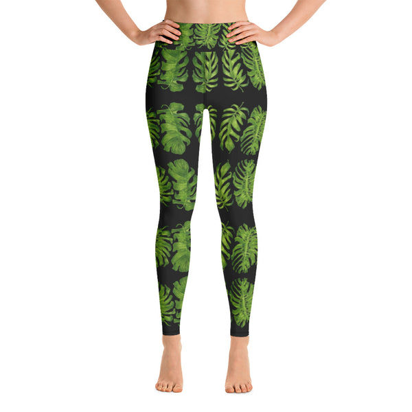 Black Tropical Leaf Yoga Leggings - Heidikimurart Limited Black Tropical Leaf Yoga Leggings, Green Hawaiian Style Print Fashionable Stylish Ladies' Active Wear Fitted Leggings Sports Long Yoga & Barre Pants For Women- Made in USA/EU/MX (US Size: XS-6XL)