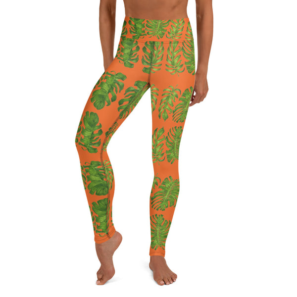 Orange Tropical Leaf Yoga Leggings - Heidikimurart Limited Orange Tropical Leaf Yoga Leggings, Hawaiian Style Leaves Printed Ladies' Long Yoga Pants Active Wear Fitted Leggings Sports Long Yoga & Barre Pants - Made in USA/EU/MX (US Size: XS-6XL)