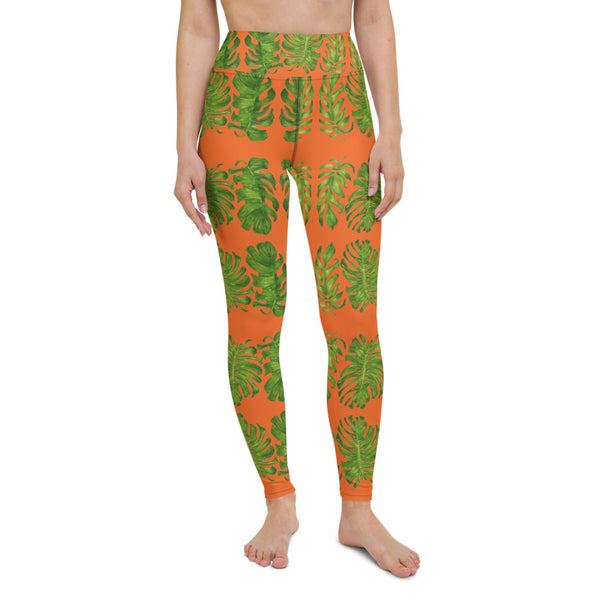 Orange Tropical Leaf Yoga Leggings - Heidikimurart Limited  Orange Tropical Leaf Yoga Leggings, Hawaiian Style Leaves Printed Ladies' Long Yoga Pants Active Wear Fitted Leggings Sports Long Yoga & Barre Pants - Made in USA/EU/MX (US Size: XS-6XL)