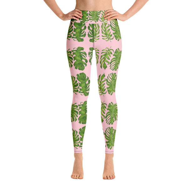 Pink Tropical Leaf Yoga Leggings - Heidikimurart Limited  Pink Tropical Leaf Yoga Leggings, Light Pink Hawaiian Style Print Active Wear Fitted Leggings Sports Long Yoga & Barre Pants - Made in USA/EU/MX (US Size: XS-6XL)