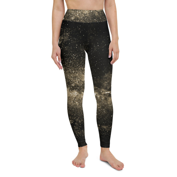 Galaxies Women's Yoga Leggings, Golden Galaxy Space Print Ladies' Long Yoga Pants Active Wear Fitted Leggings Sports Long Yoga & Barre Pants - Made in USA/EU/MX (US Size: XS-6XL)
