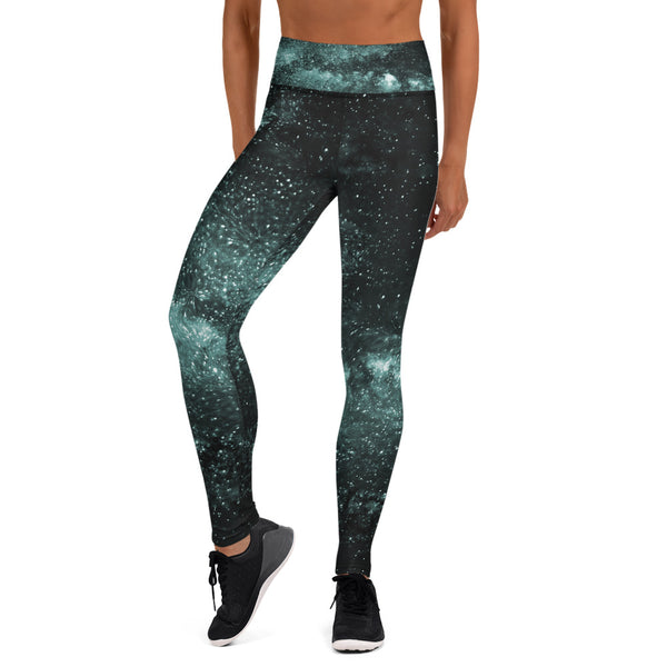  Blue Galaxy Print Yoga Leggings, Space Galaxies Women's Long Yoga Pants Active Wear Fitted Leggings Sports Long Yoga & Barre Pants - Made in USA/EU/MX (US Size: XS-6XL)
