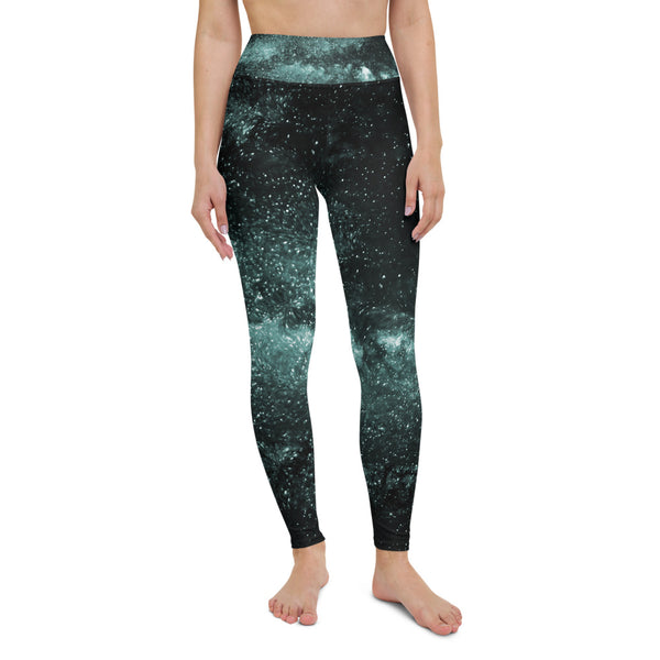  Blue Galaxy Print Yoga Leggings, Space Galaxies Women's Long Yoga Pants Active Wear Fitted Leggings Sports Long Yoga & Barre Pants - Made in USA/EU/MX (US Size: XS-6XL)