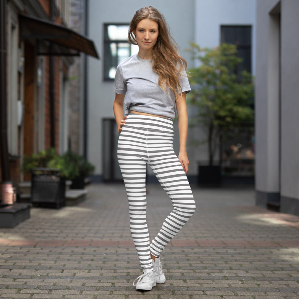 Grey Striped Women's Yoga Leggings, White Gray Horizontal Striped Long Yoga  Tights-Made in USA/EU