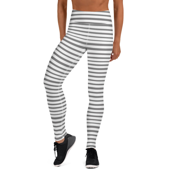 Grey Striped Women's Yoga Leggings, White Gray Horizontal Striped Ladies' Long Yoga Pants Active Wear Fitted Leggings Sports Long Yoga & Barre Pants - Made in USA/EU/MX (US Size: XS-6XL)