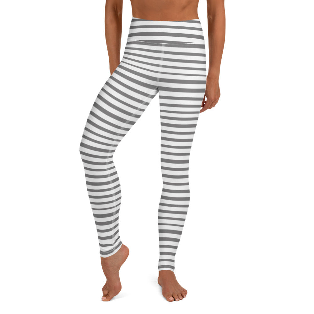 Grey Striped Women's Yoga Leggings, White Gray Horizontal Striped Long Yoga  Tights-Made in USA/EU