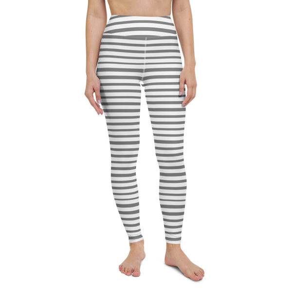 Grey Striped Women's Yoga Leggings, White Gray Horizontal Striped Ladies' Long Yoga Pants Active Wear Fitted Leggings Sports Long Yoga & Barre Pants - Made in USA/EU/MX (US Size: XS-6XL)