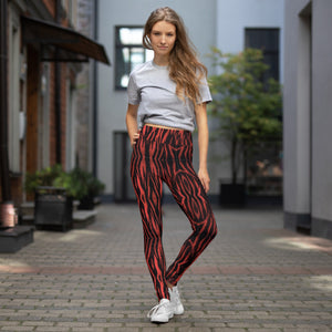 Red Tiger Ladies' Yoga Tights, Black Tiger Stripe Women's Leggings, Dark Black Women's Tiger Stripe Animal Skin Pattern Best Active Wear Fitted Leggings Sports Long Yoga & Barre Pants - Made in USA/