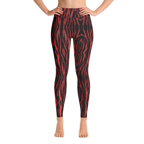 Red Tiger Yoga Leggings, Animal Print Tiger Striped Designer Gym Tights-Made in USA/EU/MX