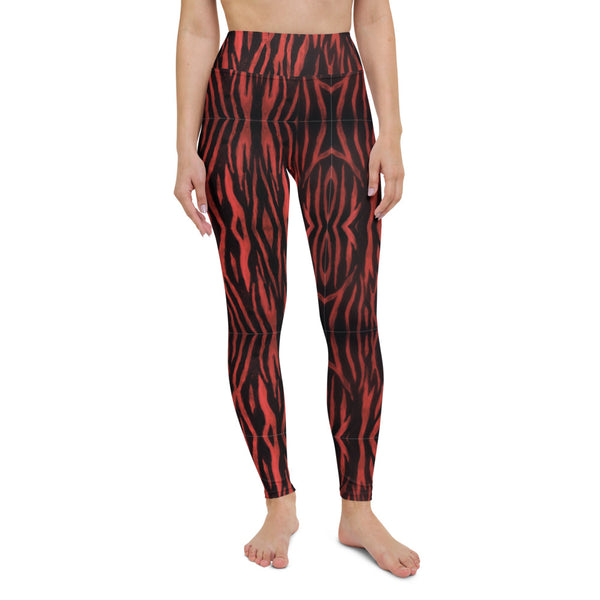 Red Tiger Ladies' Yoga Tights, Black Tiger Stripe Women's Leggings, Dark Black Women's Tiger Stripe Animal Skin Pattern Best Active Wear Fitted Leggings Sports Long Yoga & Barre Pants - Made in USA/