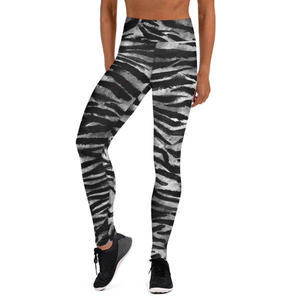 Grey Tiger Yoga Leggings, Gray Tiger Striped Animal Print Ladies' Long Yoga Pants Active Wear Fitted Leggings Sports Long Yoga & Barre Pants - Made in USA/EU/MX (US Size: XS-6XL)