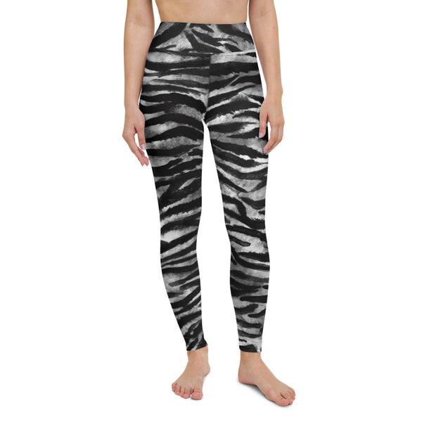 Grey Tiger Yoga Leggings, Gray Tiger Striped Animal Print Ladies' Long Yoga Pants Active Wear Fitted Leggings Sports Long Yoga & Barre Pants - Made in USA/EU/MX (US Size: XS-6XL)